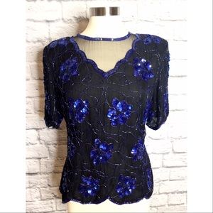 Vintage Scala Cobalt Beaded Silk Sequin Top Large